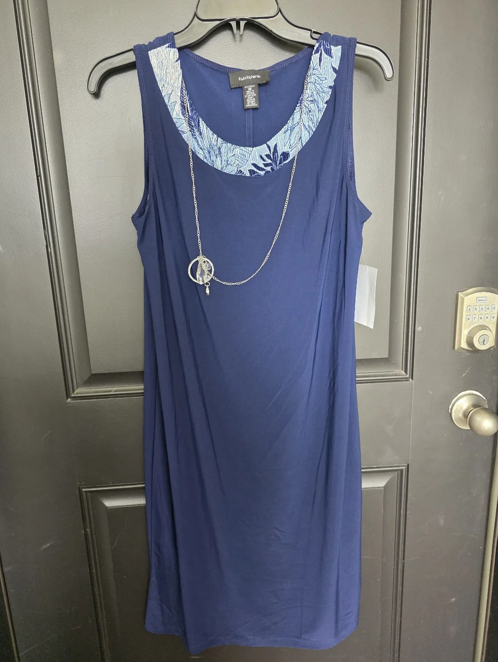 R&M Richards 2PC Dress Set Size 10 Navy Blue Floral Jacket Overlay Necklace NWT - Picture 8 of 10